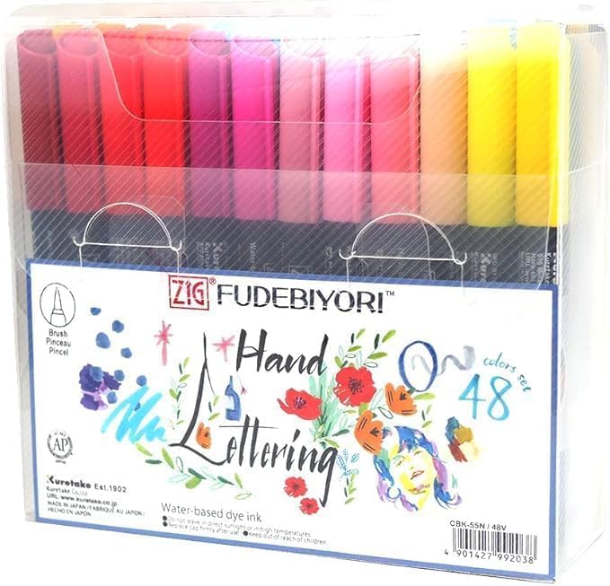 Kuretake ZIG FUDEBIYORI Brush Pens 48 colors set, AP-Certified, Odourless, Xylene free, Flexible Hard brush tip, Effective for both details and larger spaces, Professional quality, Made in Japan