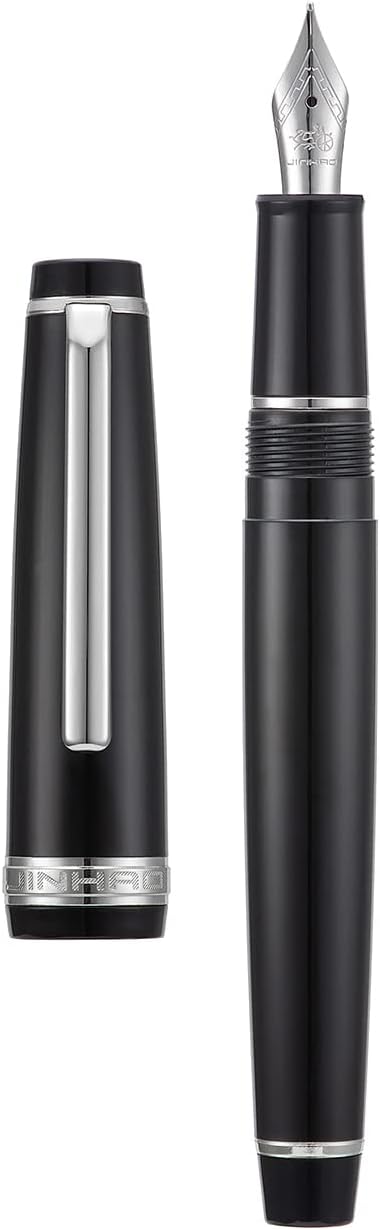Jinhao 82 Black Acrylic Fountain Pen, Iridium Medium Nib Classic Design Smooth Writing Pen with Ink Converter (Silver Trim)