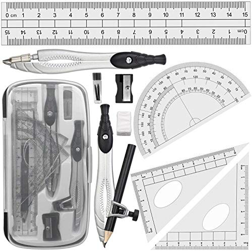 Akuoly Professional Geometry Compass Set, Starter Compass Set Includes 2 Drafting Compasses, Protractor, 2 Set Squares, Ruler in Storage Box, Back-to-School Math Supplies for Students, Black