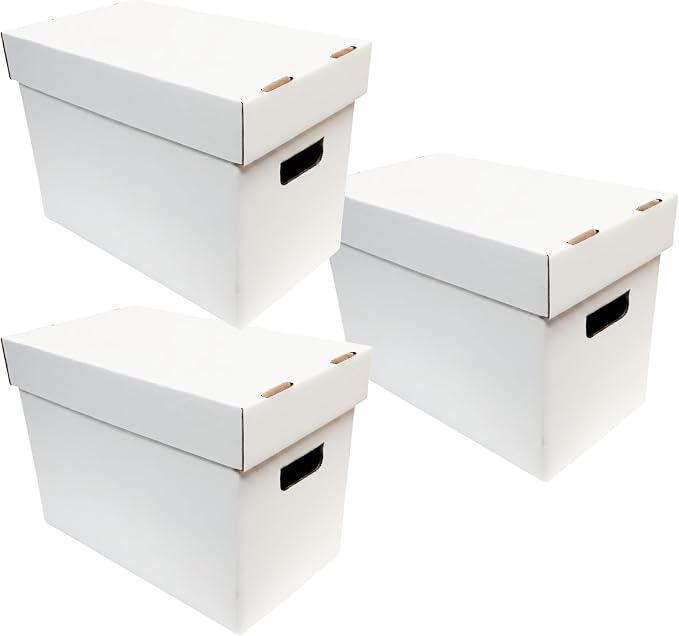 Max Protection Magazine Storage Boxes with Lids - Heavy Duty, 3 Pack | 200 lb Test Corrugated, Made in USA, File and Document Organizer, White, Tool-Free Assembly