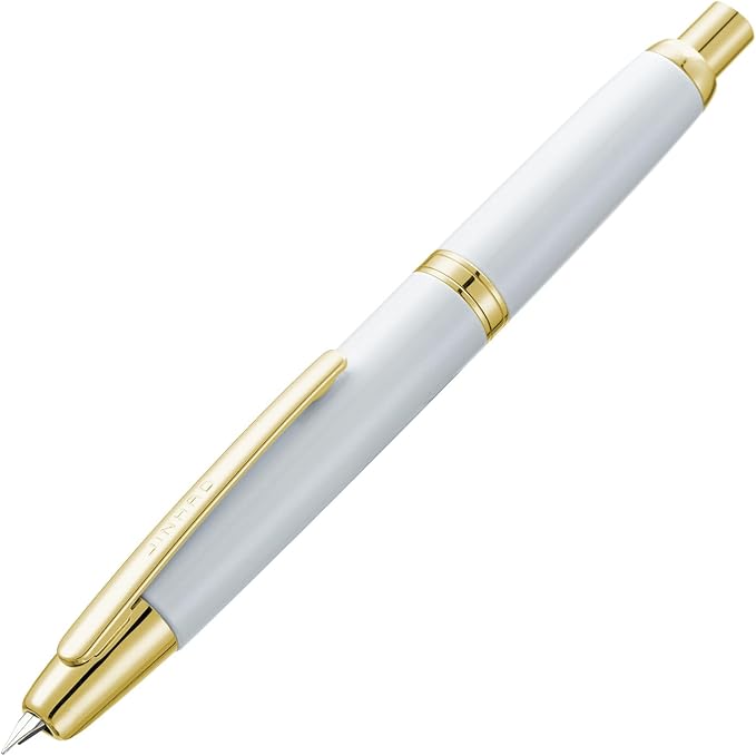 Jinhao 10 Press Fountain Pen with Box, Pearl White Retractable Medium Nib with Ink Converter Set (Golden Clip)