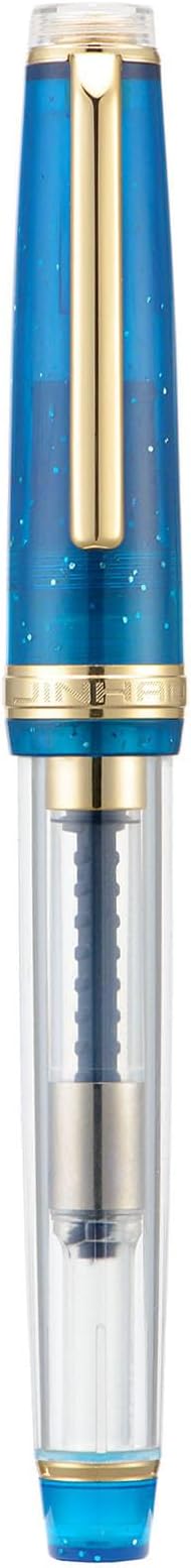Jinhao 82 Acrylic Fountain Pen, Iridium Medium Nib with Ink Converter, Vintage Sea Blue & Transparent Color Classic Design Smooth Writing Pen (Gold Trim)