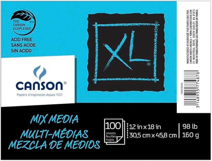 Canson - 100516254 XL Mixed Media Paper, 98 lb, 12 x 18 Inches, 100 Sheets, White - 1435468