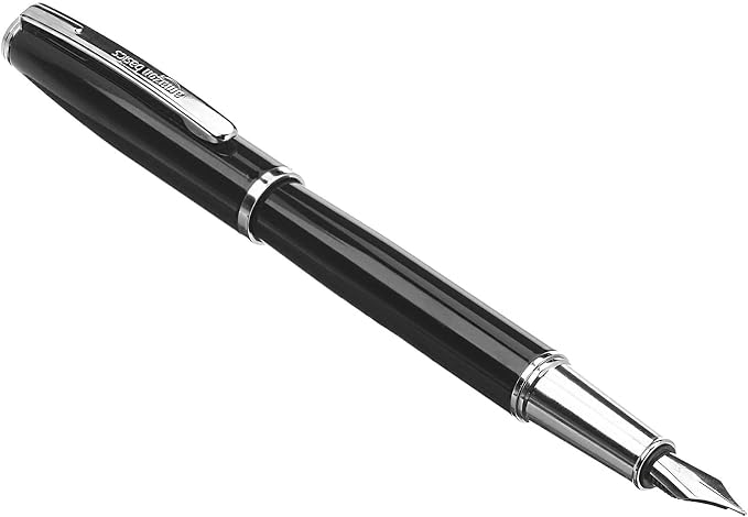 Amazon Basics Refillable Fountain Pen with Smooth Writing, Medium Point, Black Metal Barrel, Black Ink, 2 Replacement Cartridges