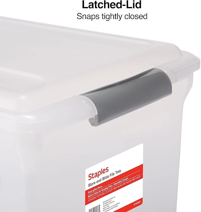 Staples Store & Slide Hanging File Box, Latch Lid, Letter/Legal Size, Clear