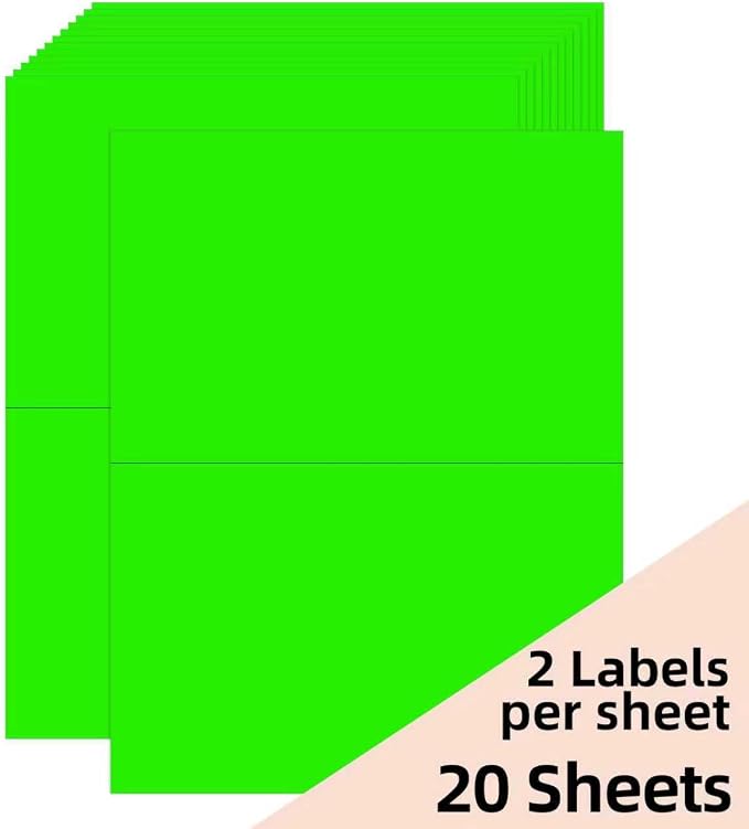 Half-Sheet Printable Shipping Labels- 5 1/2 x 8 1/2- Neon Green Mailing Labels- Laser/Inkjet Compatible - 40/Pack