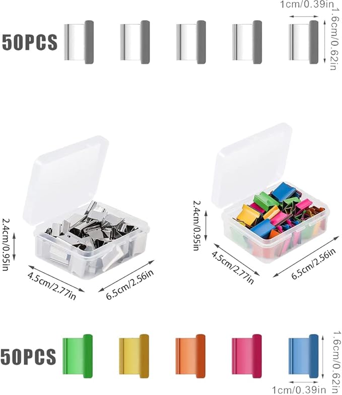 Office Supplies - 100pcs Reusable Metal Paper Clips, Portable Dispenser (50 Colorful + 50 Silver), 2 Small Storage Bins