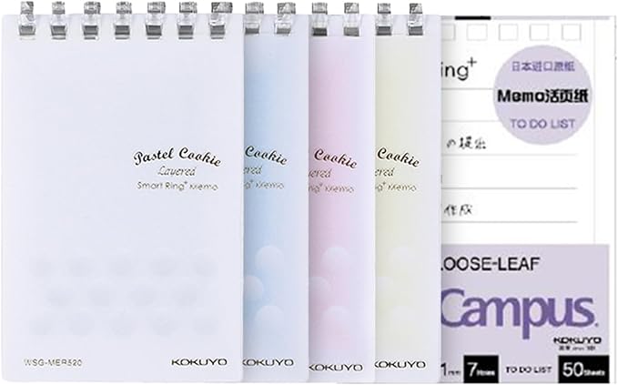 KOKUYO Small Notebooks, 4 Pack 3"x5" Pocket Refillable Spiral Notepads with 20 5x5 Graph Sheets Each and Extra 50 To-do List Sheets, Little Mini Pastel Note pad and 1 Card Pocket for Work or School