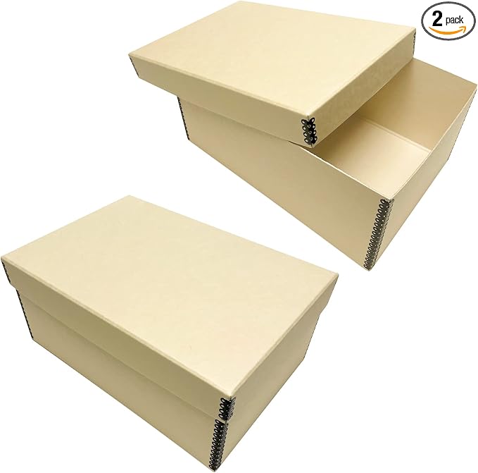 Lineco Archival Photo Card Box, Museum-Quality, 5x8x12 Inch, Tan, 2 Pack | Acid-Free with Removable Lid, Metal-Edge Corner, Bulk Storage and Preservation for Negatives, Prints, Films, Photos, Snapshot