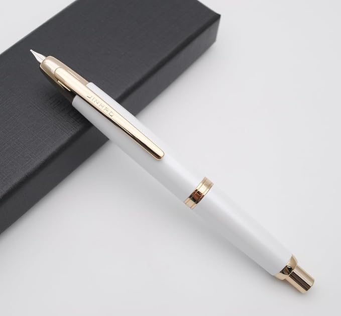JINHAO 10 Press Fountain Pen, Retractable Metal Pen with Ink Converter (F Nib 0.5mm, Pearl White – Golden Clip)