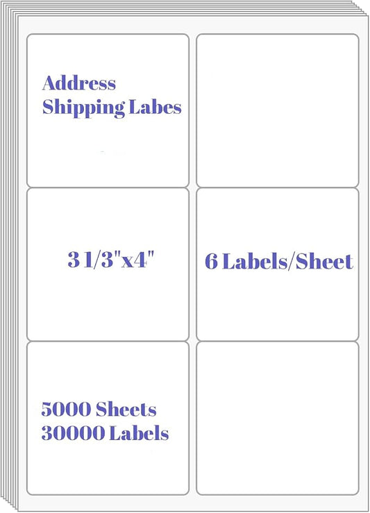 6 UP Labels, 4" x 3-1/3" Shipping Address Labels for Laser Inkjet Printer | Mailing Labels, Self Adhesive White Sticker Paper, Blank Mailing Paper (5000 Sheet=30000 Labels)
