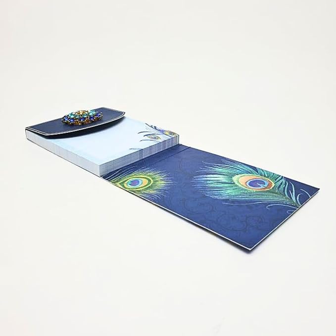 Punch Studio Flip-Top Notepad For Daily Notes or Notes on-the-go, with Magnetic Closure, Brooch Embellishment, Gold-Foil Accents & 75 Illustrated Sheets, 5" x 3.75" - Peacock Tail (44668)