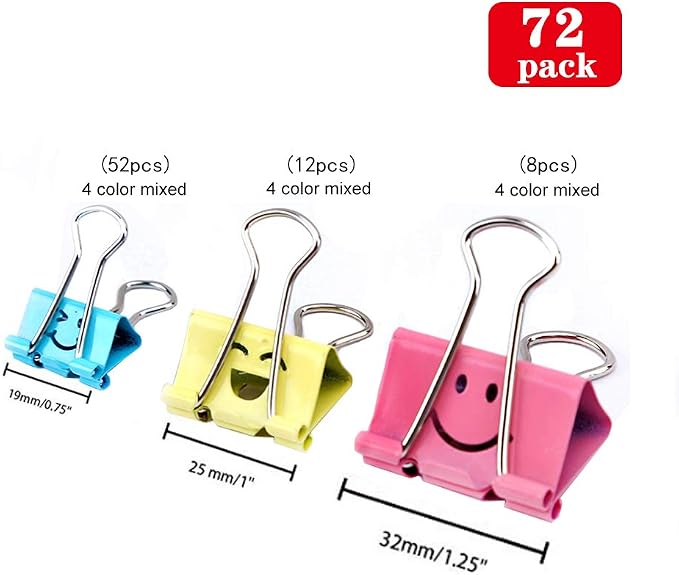 【72pack】 Binder Clips, Limque Paper Clips,Paper Clamps with Colored Cute Hollow Smiling Face,72 Pcs Assorted Size Clip, for Office,Teacher Gifts and Kitchen