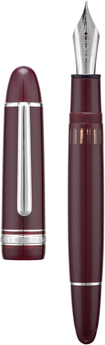 Yongsheng Junlai 930 Acrylic Fountain Pen, Size 9 Broad Nib with Piston Filling System, Wine Red Fence Ink Tank with Torpedo Shape Design Large Hand Pen (Silver Trim)