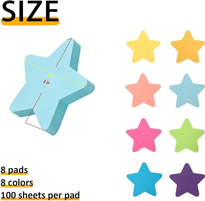 Sticky Notes, Cute Sticky Notes Star Shape Heart 8 Pads 8 Colors Self-Stick Stickies Funny Note Pads 100 Sheets Teacher Back to School Supplies and Oﬃce Products