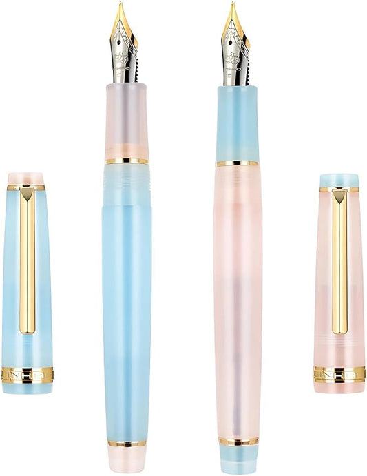 Jinhao 82 Acrylic Fountain Pen Set (2 Pack), Fine Nib Pen, Pink & Blue | Smooth refillable writing pens with converter for journaling, calligraphy & office use. Features a translucent body.