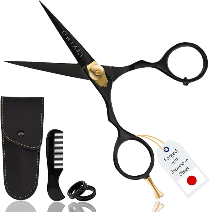 Ontaki Beard & Mustache Scissors for Men - 5.5" Japanese Steel, Black | Precision Sharp Blades, Ergonomic Finger Rest & Adjustable Tension Screw for Perfect Trimming - Beard Grooming Scissors