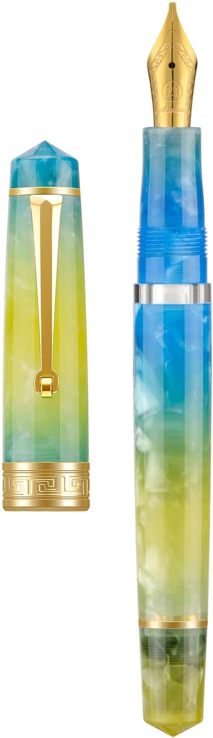 Asvine P20 Piston Fountain Pen, Stub Nib 1.1mm Calligraphy Art Drawing Gradual Yellow Acrylic with Case Set