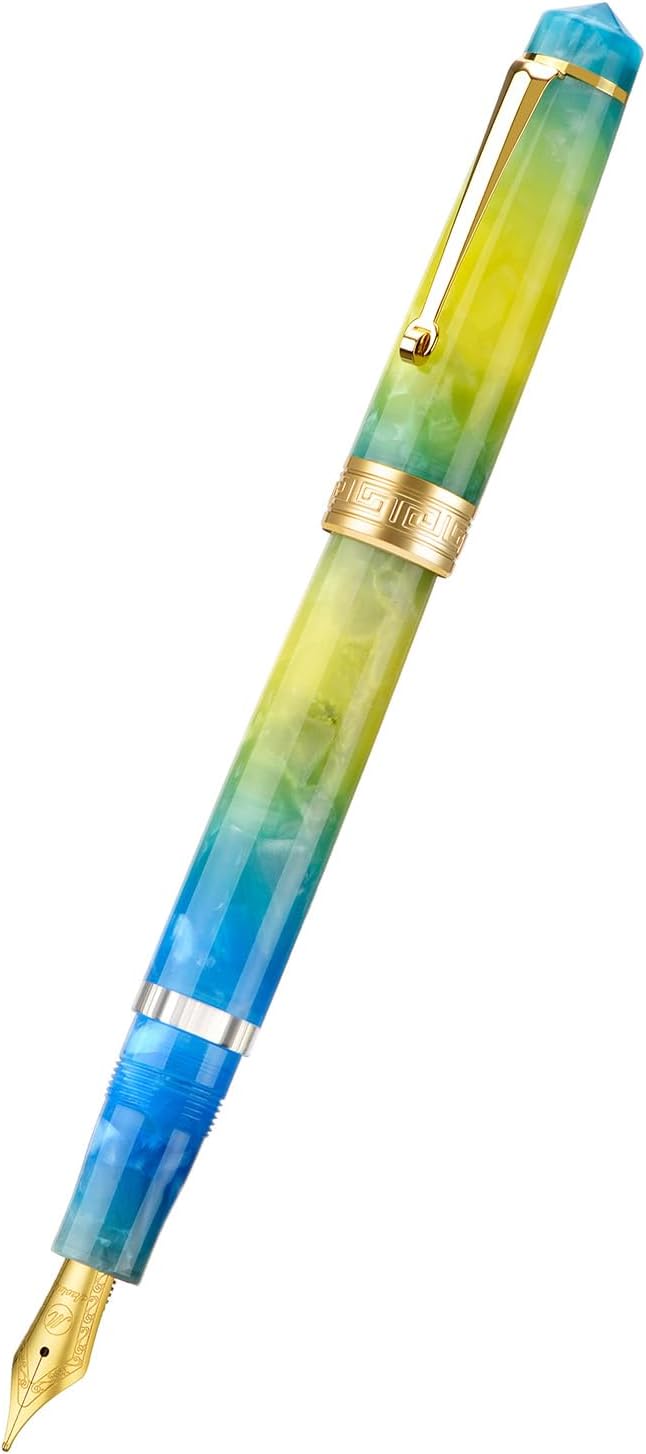 Asvine P20 Piston Fountain Pen Gradual Yellow Resin, Iridium Extra Fine Nib Gold Trim Smooth Writer Collection with Case Set