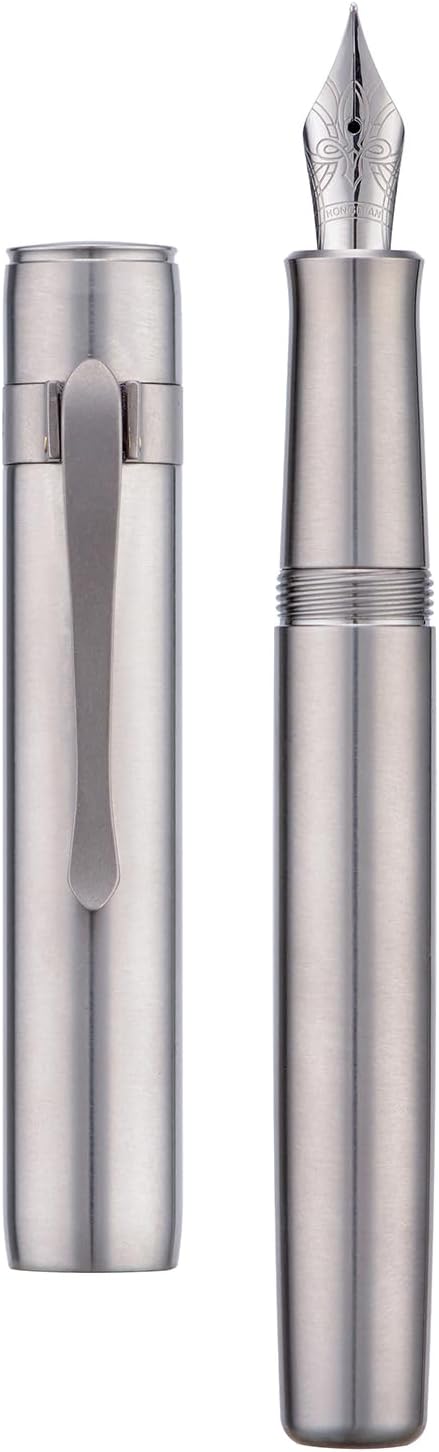 HONG DIAN M2 Titanium Mini Fountain Pen, Fine Soft Nib & Sleek Shape Metal Short Pocket Travel Pen (Titanium Gray)