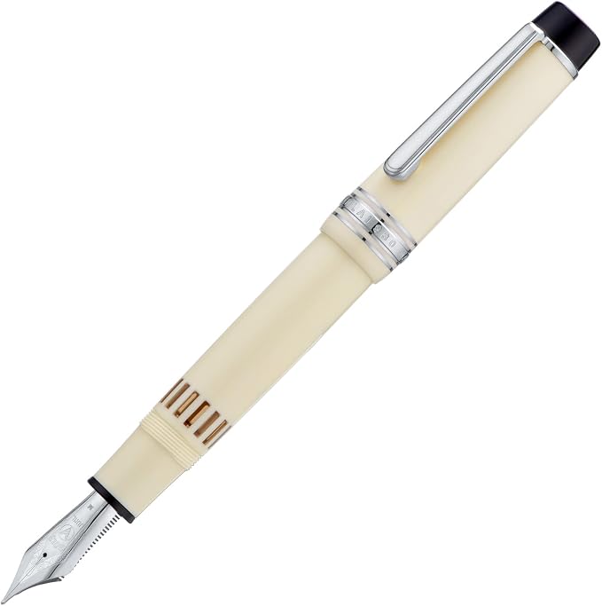 Wikult Yongsheng Junlai 930 Acrylic Fountain Pen, Size 9 Broad Nib with Piston Filling System, Ivory White Fence Ink Tank with Flat Top Design Smooth Writing Pen (Silver Trim)