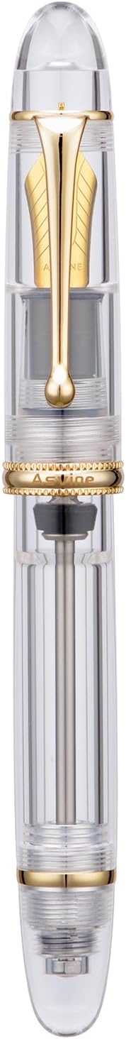 Asvine V800 Fountain Pen - Vacuum Filling System with Large Ink Capacity - Smooth Number 8 Medium Nib with Gift Case and Wrench - Clear Gold Acrylic