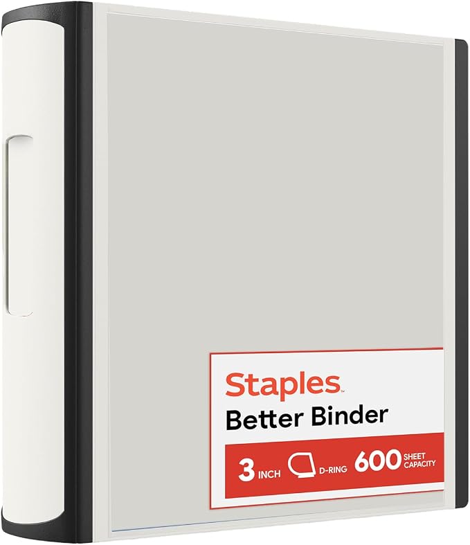 Staples Heavy-Duty 3-Inch D-Ring Binder, White – Large Capacity 3-Ring Binder with Pockets, Holds Up to 600 Sheets