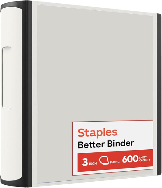 Staples Heavy-Duty 3-Inch D-Ring Binder, White – Large Capacity 3-Ring Binder with Pockets, Holds Up to 600 Sheets