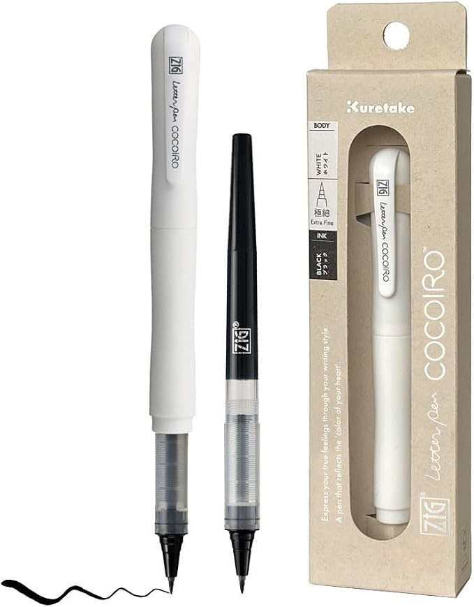 Kuretake ZIG Letter Pen COCOIRO, Body with Black Ink Refill Set, Flexible Extra Fine Brush Tip, Refillable marking Pen for Calligraphy, Hand Lettering, Made in Japan (WHITE, Black)