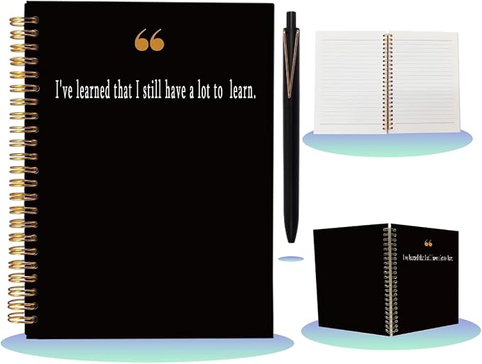 Quote Notebook with Pen Set "A Lot to Learn", A5 Spiral Inspirational Journal for Women Men, 160 Pages College Ruled Office Stationery, Growth Mindset Graduation Gift, Black & Gold