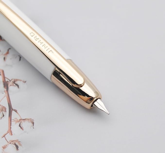 JINHAO 10 Press Fountain Pen, Retractable Metal Pen with Ink Converter (F Nib 0.5mm, Pearl White – Golden Clip)