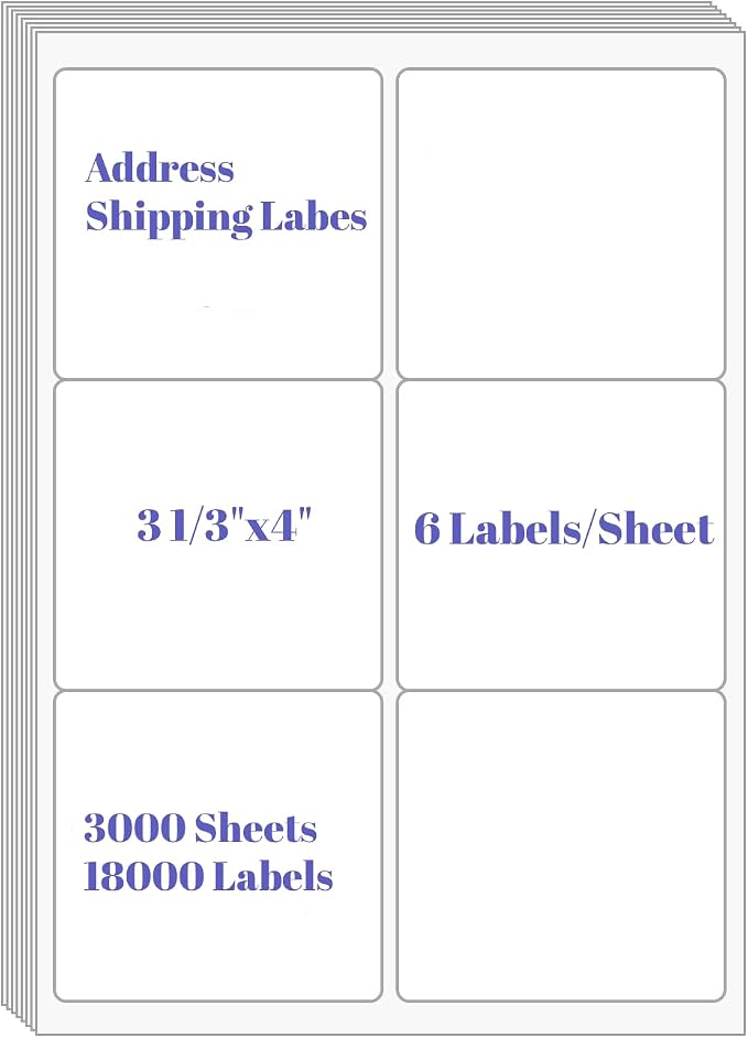 6 UP Labels, 4" x 3-1/3" Shipping Address Labels for Laser Inkjet Printer | Mailing Labels, Self Adhesive White Sticker Paper, Blank Mailing Paper (3000 Sheet=18000 Labels)