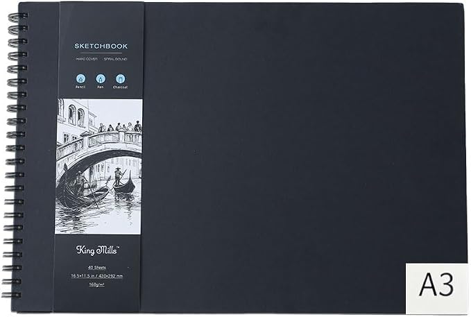 King Mills Big Sketchbook, Hard Cover Sketch Book, A3 Notebook, 11.7"x16.5" | 160GSM Extra Thick Paper, Spiral Bound, For Painting & Mixed Media, Art Book, 40 Sheets/ 80 Pages