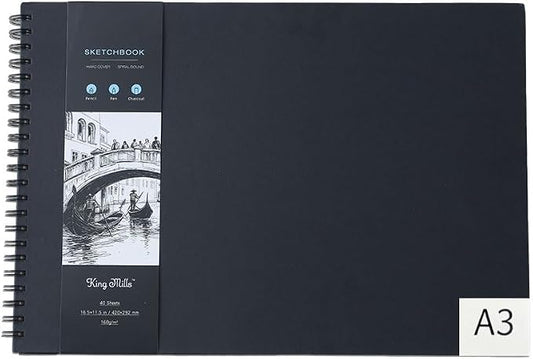King Mills Big Sketchbook, Hard Cover Sketch Book, A3 Notebook, 11.7"x16.5" | 160GSM Extra Thick Paper, Spiral Bound, For Painting & Mixed Media, Art Book, 40 Sheets/ 80 Pages