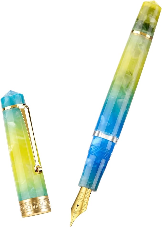 Asvine P20 Piston Fountain Pen Gradual Yellow Resin, Iridium Medium Nib Gold Trim Smooth Writer Collection with Case Set