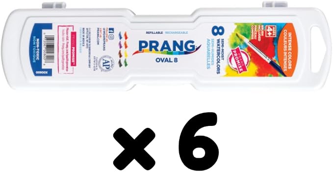 Prang Semi-Moist Watercolors 8-Color Oval Pan Set, Pack of 6 | Refillable, Wax-Free Pigments, Mixing Tray in Lid, Size 6 Paintbrush Included