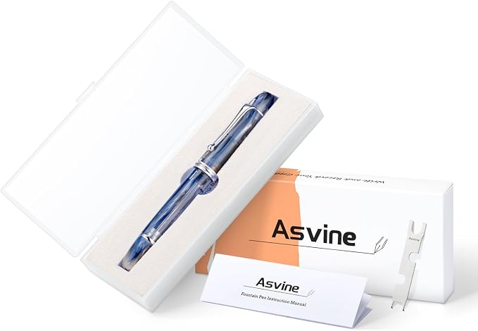 Asvine V800 Fountain Pen -Vacuum Filling System with Large Ink Capacity - Number 8 Stub Nib 1.1mm Calligraphy Art Drawing with Wrench Gift Set - Blue Brown