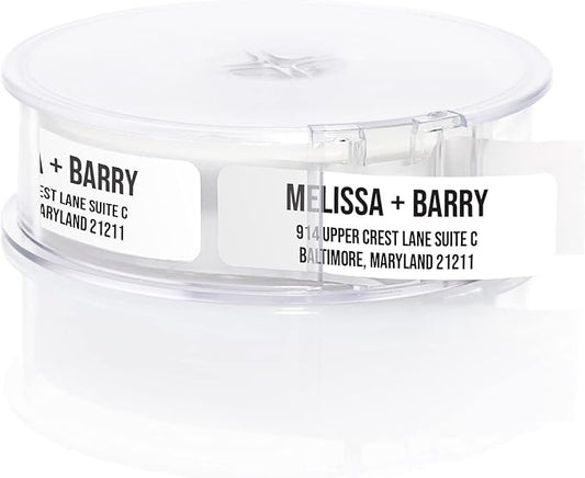 White Bold Rolled Address Labels/Roll of 250 Personalized Address Labels/Designer Return Address Stickers in Elegant Plastic Dispenser