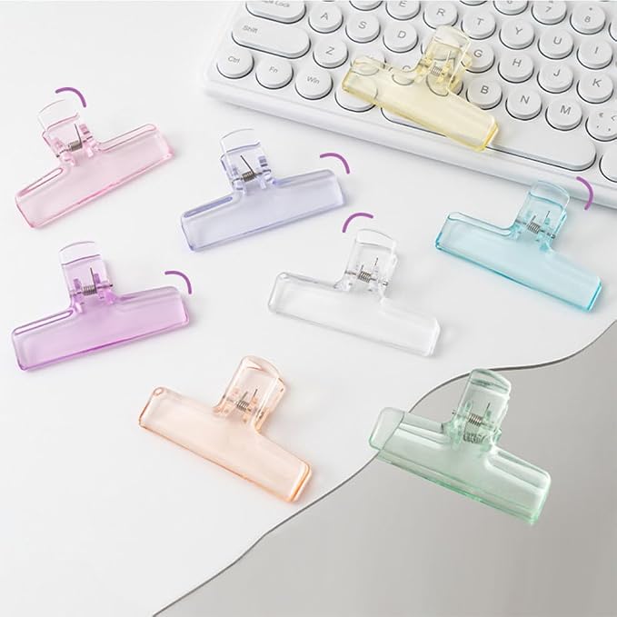 OWLFAVO 16 Pcs Clear Binder Clips, Plastic Bag Clip, Acrylic Paper Photo Food Clamps, Wide Mouth Seal Clamp, Transparent Air Tight Sealing Binders for School, Office and Kitchen Storage, 8 Colors