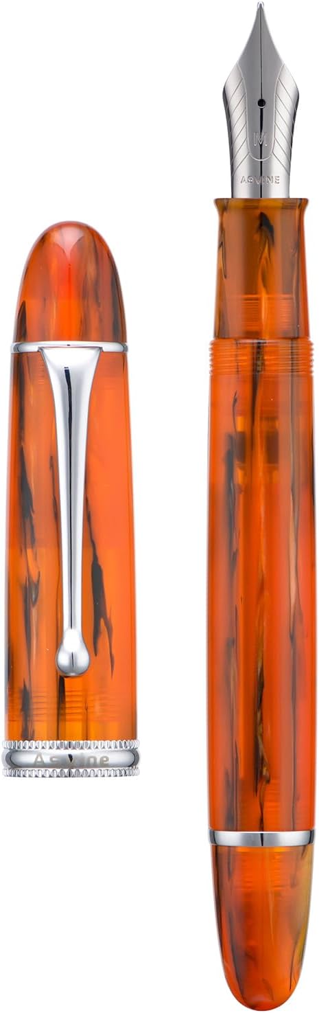 Asvine V800 Fountain Pen – Vacuum Filling System with Large Ink Capacity – Smooth Number 8 Medium Nib with Gift Case and Wrench- Amber Acrylic