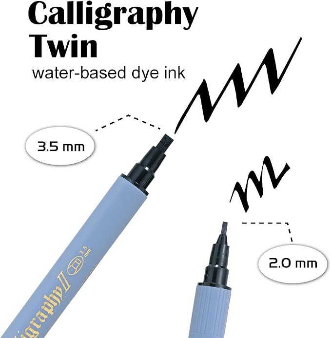 Kuretake ZIG Calligraphy Marker Pens, 12 Colors set, 2mm & 3.5mm Dual Tip Markers, for Writing & Hand Lettering, for Professional, Beginner, Water-based dye ink, Made in Japan