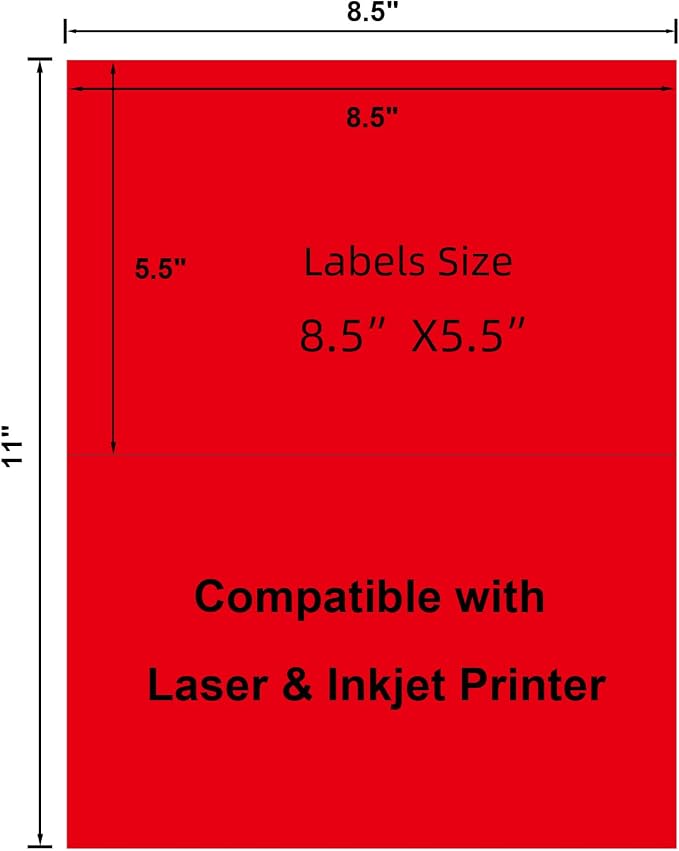 Half-Sheet Printable Shipping Labels- 5 1/2 x 8 1/2- Matte Red Mailing Labels- Laser/Inkjet Compatible - 50/Pack
