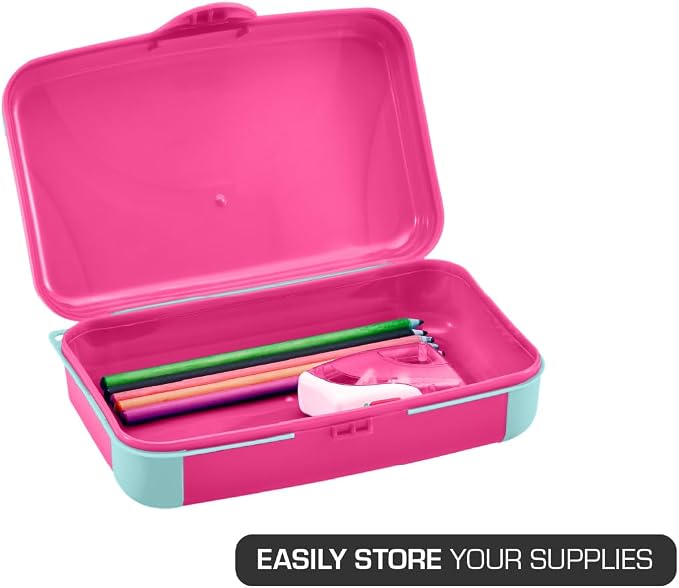 LockerMate by Bostitch Hard Pencil Case, Durable Plastic Pencil Box, Kid-Friendly Design, Pink & Blue