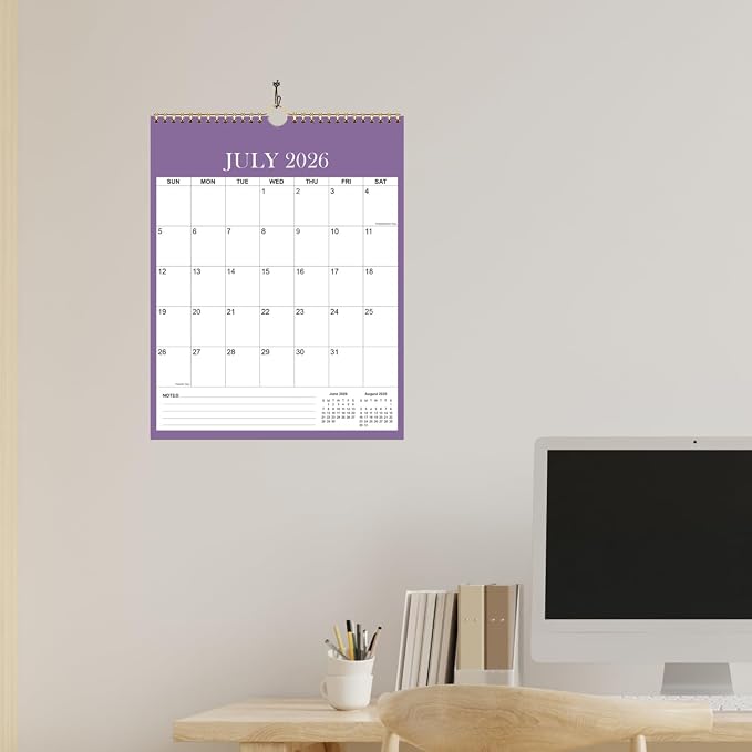 Wall Calendar 2026-2027 - Monthly Calendar 2026-2027 from July 2026 - December 2026, Spiral Binding Hanging Calendar 2026-27 for Home/Office, 12" x 14.5", Purple