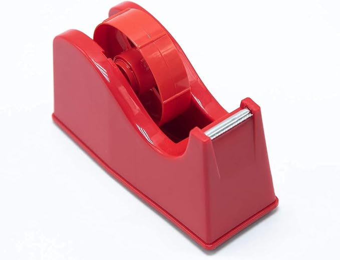 Desktop Tape Dispenser Adhesive Roll Holder (Fits 1" & 3" Core) with Weighted Nonskid Base (1Pack-Red)