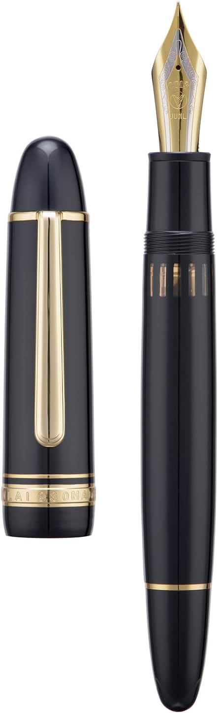 Yongsheng Junlai 930 Acrylic Fountain Pen, Size 9 Broad Nib with Piston Filling System, Piano Black Fence Ink Tank with Torpedo Shape Design Large Hand Pen (Gold Trim)