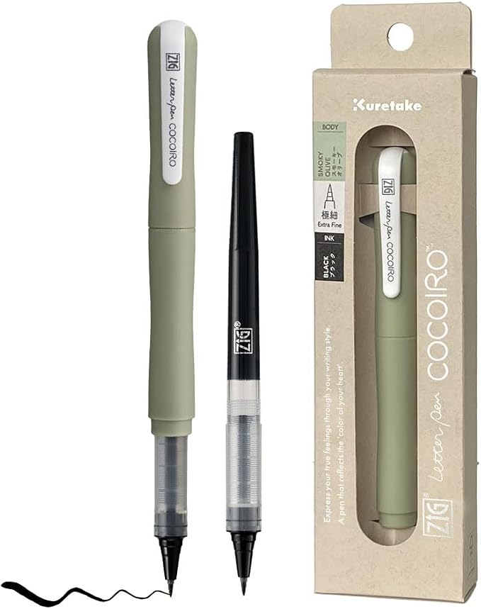 Kuretake ZIG Letter Pen COCOIRO, Body with Black Ink Refill Set, Flexible Extra Fine Brush Tip, Refillable marking Pen for Calligraphy, Hand Lettering, Made in Japan (SMOKY OLIVE, Black)