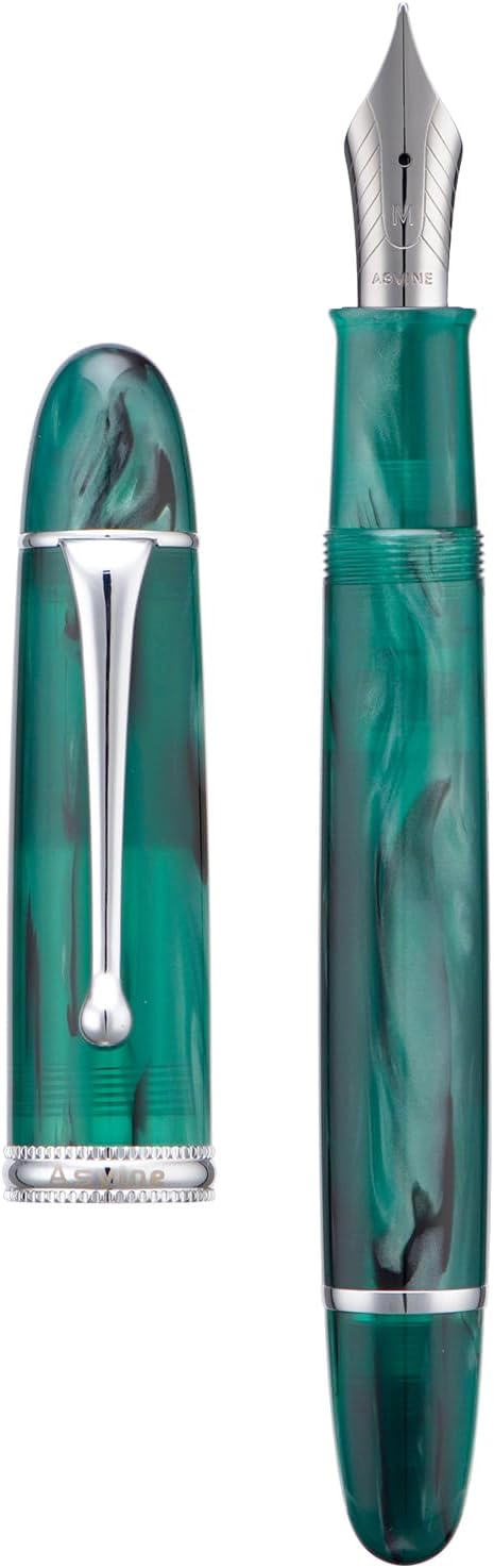 Asvine V800 Fountain Pen – Vacuum Filling System with Large Ink Capacity – Smooth Number 8 Extra Fine Nib with Gift Case and Wrench- Green Acrylic