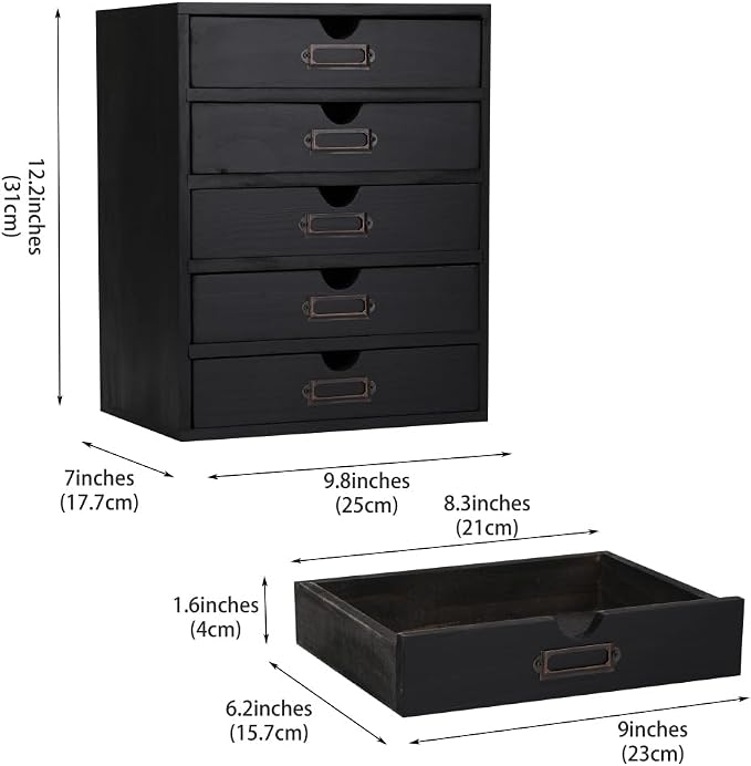 Wooden Storage Box with 5 Drawers Apothecary Drawers Vintage Wooden Drawers Wood Desktop Organizer with Drawers Countertop Drawers Library Card Catalog Cabinet Apothecary Cabinet （BLACK）
