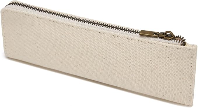 Canvas Pencil Case Slim Pencil Pouch Durable Zipper Stationery Bag Small Travel Use （Beige/Canvas）